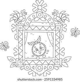 Funny round freshly baked loaf Kolobok dancing and singing on a decorative wooden window of a village log house from an old fairytale, black and white outlined vector illustrations for a coloring book