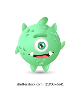 Funny round green cartoon monster with one eye waving paw for children's Halloween decorations