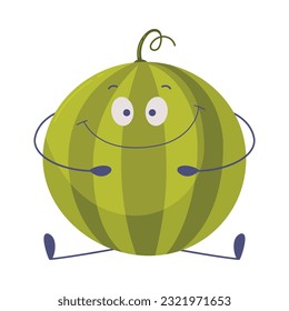 Funny Round Green Watermelon Character Sitting on the Ground Vector Illustration