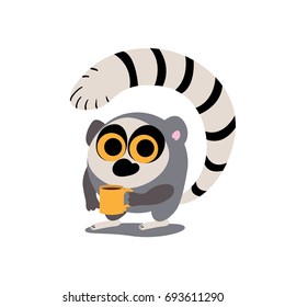 Funny round lemur with a drink in cartoon style. Lemur holds a mug in his paw. Color illustration. 