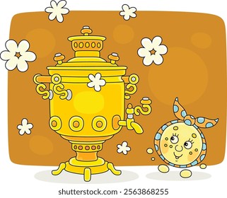 Funny round loaf Kolobok dancing merrily on a village table with an old traditional samovar, vector cartoon illustration