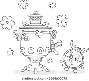 Funny round loaf Kolobok dancing merrily on a village table with an old traditional samovar, black and white outlined vector illustrations for a coloring book