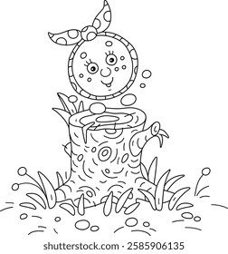 Funny round loaf Kolobok dancing and singing merrily on an old stump in a summer forest glade, black and white outlined vector illustrations for a coloring book