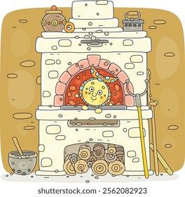 Funny round loaf kolobok freshly baked in a traditional old village oven for a festive table in countryside, vector cartoon illustration