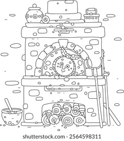 Funny round loaf kolobok freshly baked in a traditional old village oven for a festive table in countryside, black and white vector cartoon illustration for a coloring book