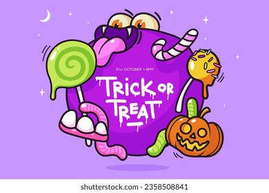 Funny round monster devouring candies and sweets. Creative background for text, invitations, Halloween greetings. Trick or treat halloween event sticker. Vector illustration