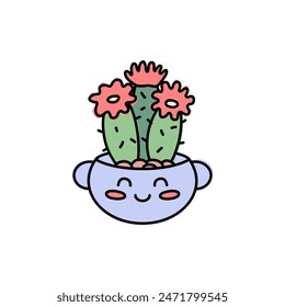 Divertido bote redondo con bozal. Cactus Kawaii con flores. Bonita Ilustración vectorial.