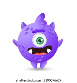 Funny round purple cartoon monster with one eye jumping for joy for children's Halloween decorations