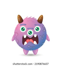 Funny round purple evil cartoon monster with three eyes and an open mouth for children's halloween decorations