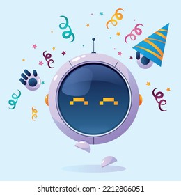 Funny round robot, cartoon mascot, winner celebration