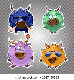 Funny round steers with a character in different glasses