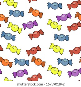 Funny round sweets, seamless pattern of multi-colored caramels on a white background. Holiday for children, funny packaging, design for cards.