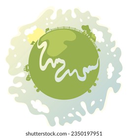 Funny rounded landscape with cows and tractor. Vector illustration, fields, meadows and milk clouds	
