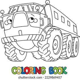 Funny rover or all-terranian vehicle coloring book for kids. Small funny vector cute car with big wheels, eyes and mouth. Children vector illustration