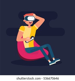 Funny rude boy seating on the chair and playing in virtual reality. Flat design vector illustration. Good for concept stores and web banners. 