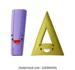 Funny Ruler and Triangle as School Item with Smiling Face as Cartoon Education Supply Vector Set