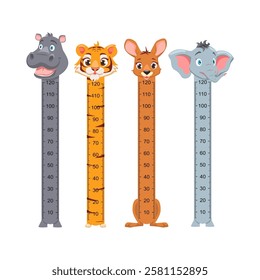 Funny Rulers for children height measurement, growth meter Kids with cute animals Hippopotamus, Tiger, Kangaroo, Elephant.