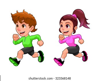 Funny running boy and girl. Cartoon vector isolated character.