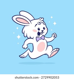 Funny running bunny. Cute character for greeting card, banner, poster, web design. Flat cartoon style. Vector illustration.