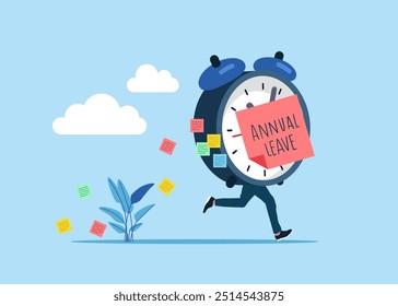 Funny running clock instead of body. Annual leave or day off to rest from hard work, schedule reminder of annual leave. Flat modern vector illustration.