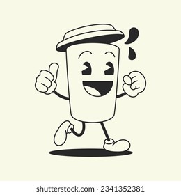 Funny running coffee paper cup to go hot beverage comic character retro 30s animation style line art icon vector illustration. Happy caffeine morning drink cute minimal monochrome mascot emoticon