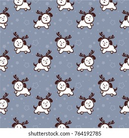 Funny running dog with deer horns. Seamless vector pattern. Cute cartoon character. Template for wrapping paper, funny textile and holiday decoration.