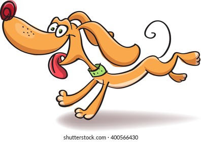 funny running dog with tongue hanging out, cartoon vector isolated on white