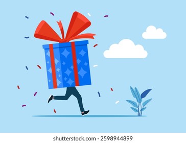 Funny running gift box with red bow instead of body. Modern vector illustration in flat style 