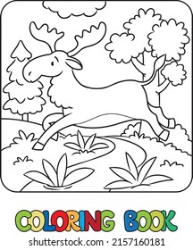 Funny running moose. Kids coloring book. Vector