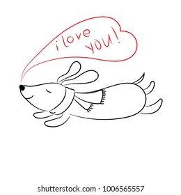 A funny running puppy. A funny illustration for a valentine. Flat vector and image for designer's work