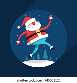 Funny running Santa Claus in flat style against the background of night, snow and fir-trees.