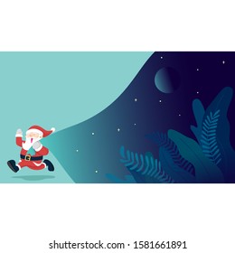 FUNNY RUNNING SANTA WITH FLORAL IN NIGHT SKY. CHRISTMAS ILLUSTRATION.