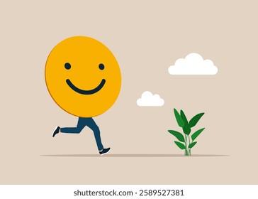 Funny running smile of a head instead of body. Happiness and positive thinking, optimism or motivation to live happy life concept. Flat vector illustration. 