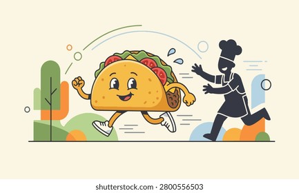 Funny running taco character escaping from a chef, Cartoon fast food mascot running away from cook, Minimal flat vector illustration of a runaway taco, Expressive taco character chasing concept for food menu, 