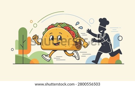 Funny running taco character escaping from a chef, Cartoon fast food mascot running away from cook, Minimal flat vector illustration of a runaway taco, Expressive taco character chasing concept for food menu, 