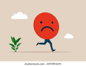 Funny running wicked face instead of body. Burnout from tiring work or demotivation from failure, stress. Flat vector illustration.