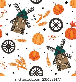 Funny rural seamless pattern with windmill and pumpkins.Autumn harvest background with agricultural plant and cart wheel.Colorful print on fabric and paper.Vector cartoon flat illustration on white.