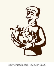 Funny rural white boy human vegan cook sell bowl ripe burn tasty chile salad bunch group. Line black hand drawn buy fun raw fire taste dry market diet young guy farm job old art sketch style sign icon