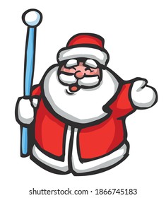 funny Russian Santa Claus in a red outfit with a staff and a white beard