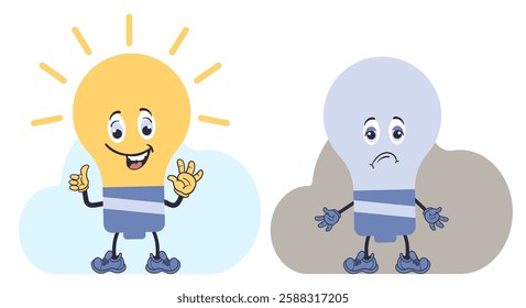 Funny and sad cartoon light bulb. Idea lamp. Broken brainstorm. Extinguished lightbulb. Glowing or burnout. Creativity failure. Invention lighting. Motivation power