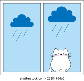 Funny sad cat is sitting in front of the window, it's raining outside. Cute isolated vector illustration on a white background.