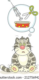 Gracioso gato triste que piensa en la esterilización usando tijeras y una jeringa, ilustración vectorial de dibujos aislados en fondo blanco