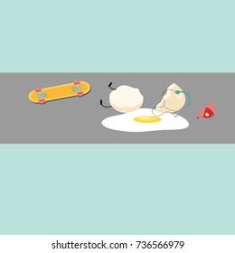 Funny and sad concept of a broken egg that has fallen from the skateboard. Vector illustration