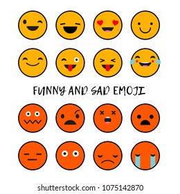 Funny and Sad Emoji. Set Emotions. Cute cartoon. Vector style smile icons. 