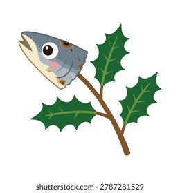 Funny sad fish ornament on a festive holly branch, representing winter holiday and Christmas cheer.