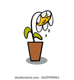 Engraçado triste flor baixou sua cabeça, torceu seu caule, e está morrendo de sede. Ilustração vetorial cartoon cartoon, uma planta em um pote de cerâmica chorando e triste.