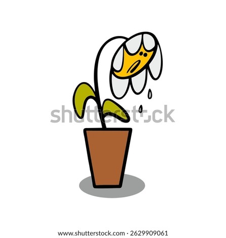 Funny sad flower has lowered its head, bent its stem, and is dying of thirst. Vector illustration cartoon cartoon, a plant in a ceramic pot crying and sad.