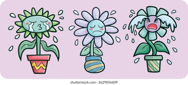 Funny sad flowers in a pot cartoon characters illustration set