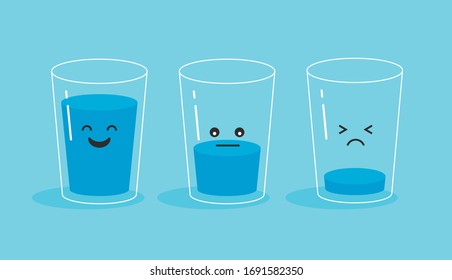 Funny and sad glass of water. Full and empty glass. Drink more water concept. Vector illustration isolated on blue background.