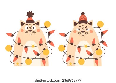 Funny sad and happy winter cat in Christmas garland with balls toys. Vector illustration. New Year cool character animal for design, holiday card, decor
